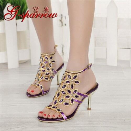 G-sparrow 2018 Summer Rhinestone Sandals Womens High Heel Stiletto Diamond Crystal Female Shoes Large Size 41-44