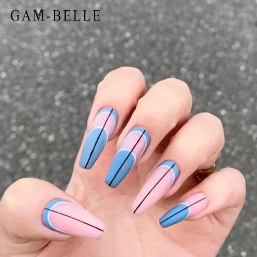 GAM-BELLE Blue Geometric Artificial False Nail Tips French Ballerina Full DIY Press On Nails Decoration Beauty Manicure Tool