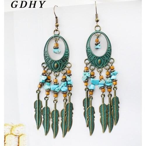GDHY New Fashion Water Drop Leaf Tassel Earrings Wooden beads Natural stone Long Tassel Hanging Earrings Boho kolczyki Brincos