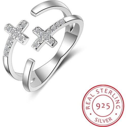 925 Sterling Silver Trendy Cross Finger Ring Size Adjustable Silver Jewelry Crystal Rings For Women Wedding Party Jewelry Gift