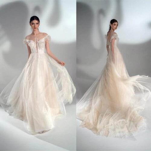 2021 Lace Wedding Dresses Capped Sleeve Applique Feather A Line Bridal Gowns Custom Made Sexy Backless Sweep Train Wedding Dress