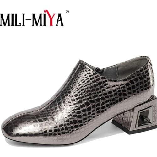 MILI-MIYA New Design Women Pumps Cow Leather Snake Pattern Square Toe Square Heels Zipper Crystal Heels Spring/Autumn Shoes