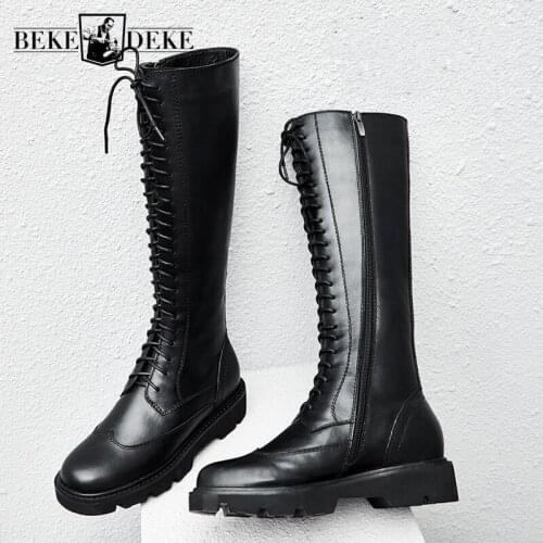 Fashion Women Genuine Leather Knee High Boots Lace Up Thick Platform Flats Winter Fleece Lining High Top Knight Riding Boots