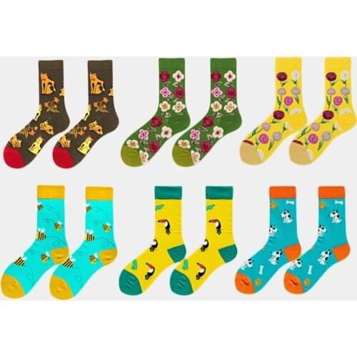 Men Socks Funny Cartoon Bird Bee Cat Dog Flower Cute Harajuku Happy Skate Korea Street Male Hip Hop Vintage Casual Cotton Socks