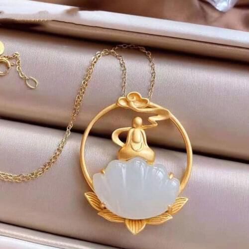 New Silver Natural Hetian white jade lotus Pendant Necklace Chinese style retro unique ancient gold craft charm womens jewelry