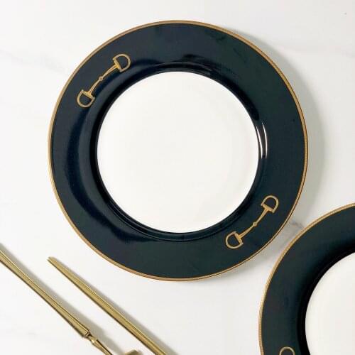Double-lock Black Series Dining Plate Model Room Pendant Embossed Jinbian Bone Porcelain Snack Plate Ceramic Plate Dishes