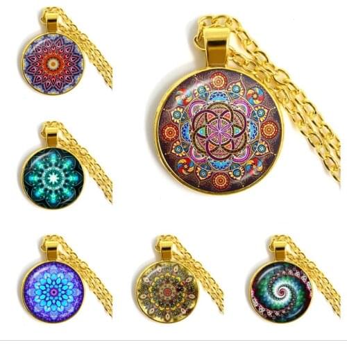 2021 New Mandala Gold Color Necklace Glass Dome Personality Pendant Necklace for Women Mens Gift Wholesale