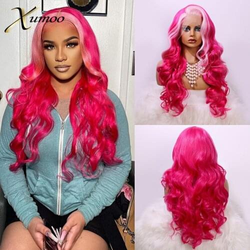 XUMOO Highlight Pink Synthetic Lace Front Wig Heat Resistant Loose Wave Half Hot Pink Cosplay Party Lolita For Women
