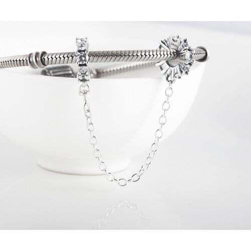 Authentic S925 Silver Bead Clear Sparkling Safety Chain Charm for Women Bracelet Bangle DIY Jewelry