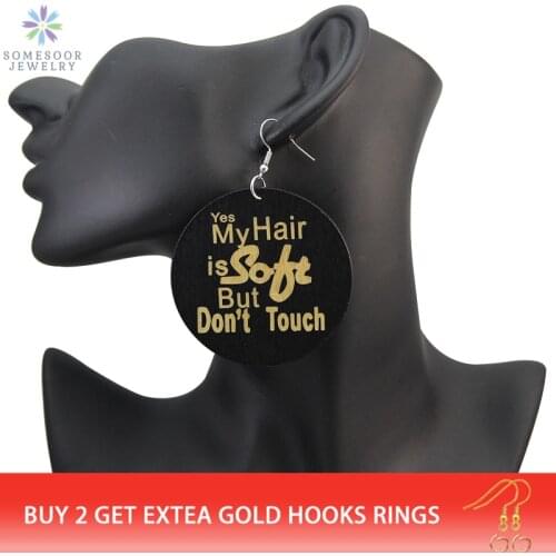SOMESOOR 6cm Laser Engraving Black Wood Drop Earrings Writen My Hair Is Soft Don't Touch African Powerful Sayings For Women Gift