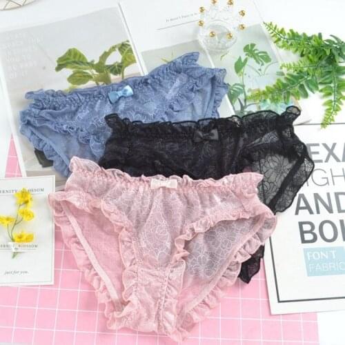 Women Sexy Lace Hollow Transparent Underwear Mesh Breathable Jacquard Ruffle Side Female Exquisite Panties Summer Soft Breifs