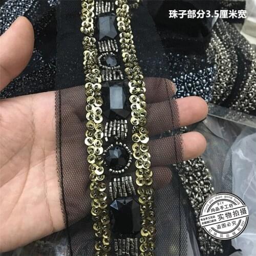 Pearl Rhinestone Gold Silver Beaded Lace Trim Collar Vintage Mesh Fabric Paillette Sequin Lace Wedding Dress Dentelle Applique