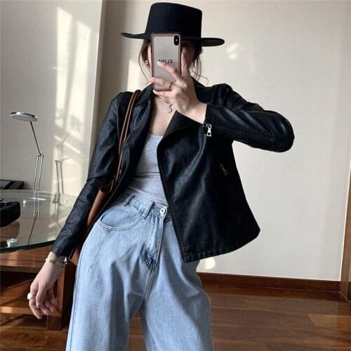 Black Beige Light coffee Women Leather Jacket 2021 Spring Solid Simple Soft Faux PU Leather Biker Plus size Outerwear Female