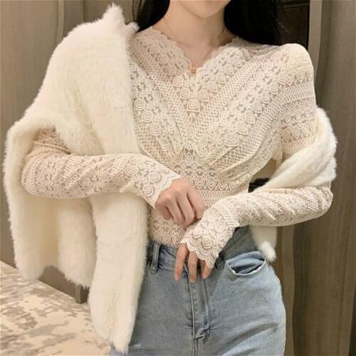 Blouse Women Sexy V-neck Floral Spring All-match Hollow Out Vintage Femme Top Ulzzang Temperament Stretch Ladies Blusas