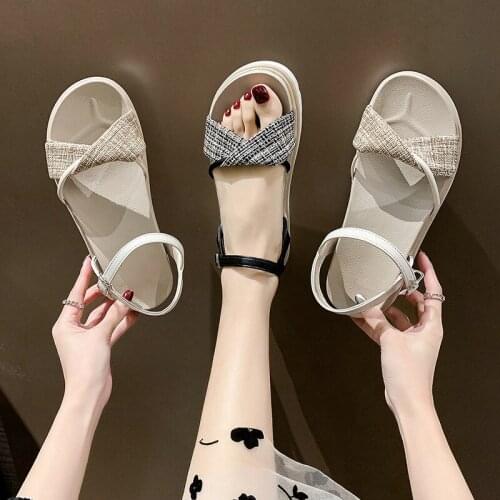 COOTELILI Woman Sandals Flat Shoes 2021 New Fashion Sandals Platform Summer Round Toe 5cm Heel Buckle Black Beige Size 35-40