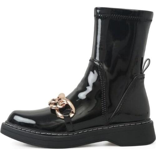 Spring New Black Shiny Leather Round Toe 3 cm Med Heels Ankle Boots Woman Gold Chain Zipper Side Short Martin Booties Shoes