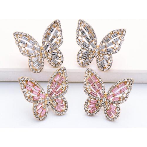 Hot Sale Metal Crystal Butterfly Stub Earrings Women Handmade Dazzling Colorful Earrings Wedding Party Jewelry