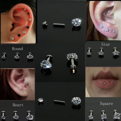 New arrival Popular CZ Gem Zircon Internally Thread Larbret Ear Tragus Cartilage Earring With different Shape for Lady