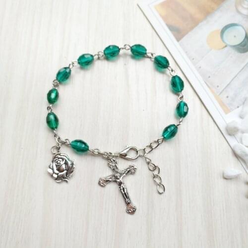 QIGO Green Crystal Bracelet Rose Cross Women Rosary Bracelet