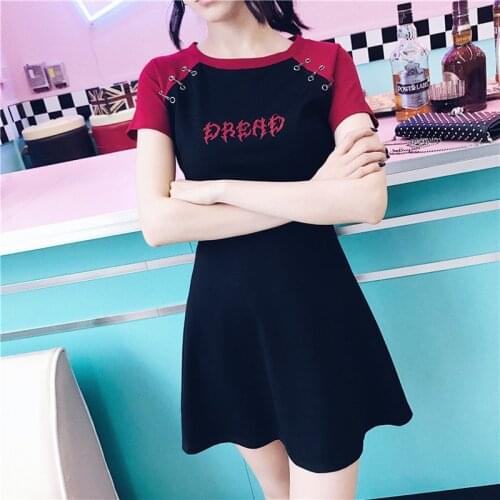 Plus Size Punk Dress Women Summer Dresses Loose Black Red Stitching Letters Embroidery A-Line Chic Dress for Gothic Girl 4XL