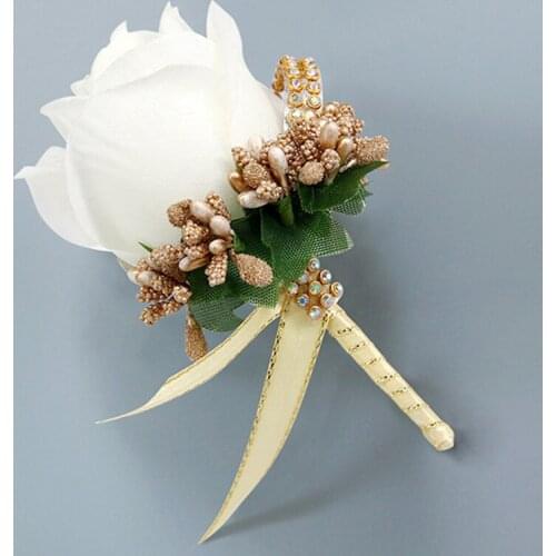 5Pieces/Lot Handmade Wedding Corsages Groom Boutonniere Groomsman Buttonhole Artificial Flower White Silk Rose Brooch Flowers