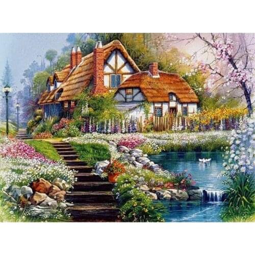5D DIY Diamond Painting Kits Landscape Villa House Full Round With AB Drill Diamond Embroidery Mosaic Picture Rhinestones Decor