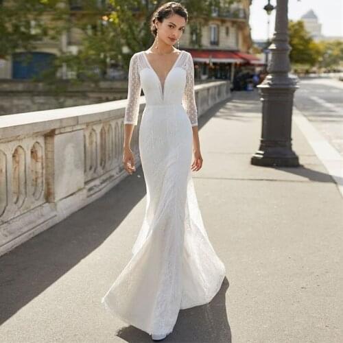 Bohemian Lace Mermaid Wedding Dress 2021 V-Neck 3/4 Sleeve Button Back Sweep Train High Quality Princess Bride Gowns
