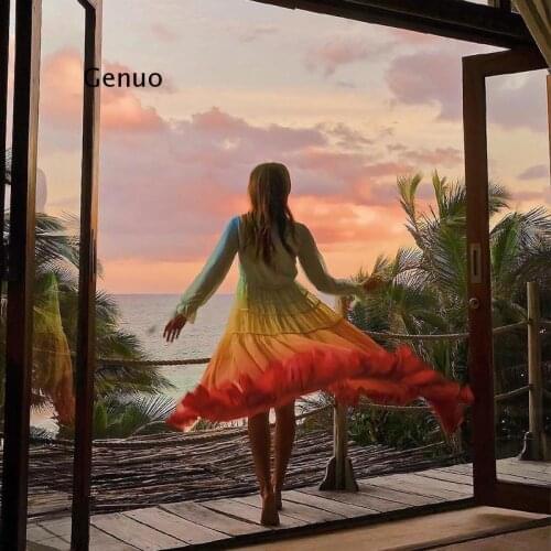 Boho Inspired Rainbow High Low Dress V-Neck Tiered Ruffle Trim Summer Dress Holiday Long Beach Dress Chic Boho Dress Women