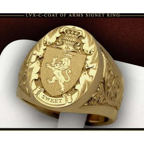 Big Gold Color Ring Mens Exaggerate Domineering Ring Royal Lion Crown Pattern Stamp Logo Cocktail Party Nobility Finger Jewelry