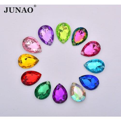 JUNAO 13*18mm Sew On Colorful Drop Rhinestone Sewing Acrylic Applique Pointback Strass Crystal Stones for Clothes Jewelry Making