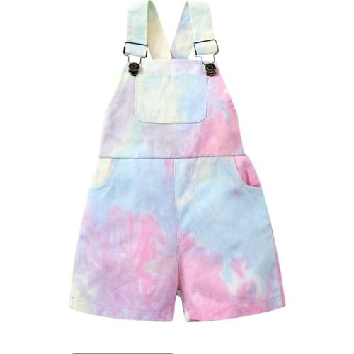 Children Tie-dye Denim Suspender Pants, Girls Sleeveless Square Collar Short Jumpsuit with Pockets 2021 New Fashion