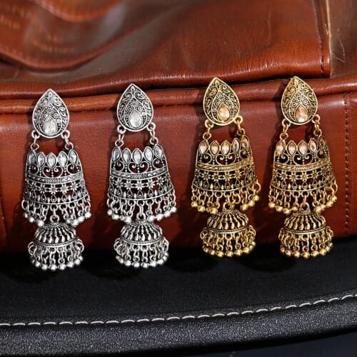 Ethnic Retro Womens Gold Geometry Carved Rhinestone Indian Jhumka Earrings Vintage Bell Tassel Dangling Earrings