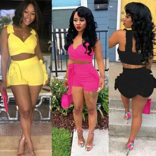 Two Piece Set Women Summer Crop tops High Waist Shorts 2pcs Ruffles Bow outfits Ladies Yellow Slim Matching Clothes
