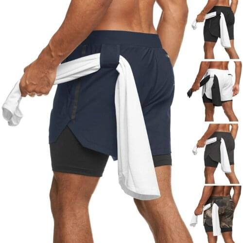 Mens Athletic Double-Deck Shorts Gym Workout Training Fitness Pants Casual Bodybuilding Running Sport Pocket Shorts with Halter