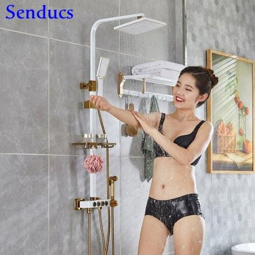 White Gold Shower Set Spa Rainfall Bathroom Shower System Copper Bathtub Mixer Faucets Intelligent Thermostatic Shower Set