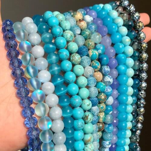 Natural Round Beads Blue Agates Jades Turquoises Rondelle Crystal Loose Stone Beads for Jewelry Making Bulk DIY Bracelet 15 inch