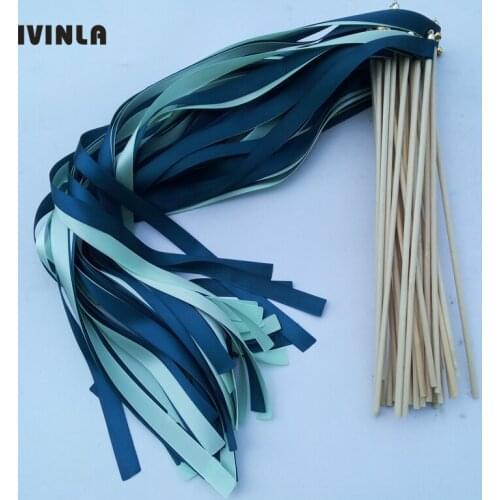 Newest 50pcs/lot Navy and green Wedding Ribbon wands with gold bell stick for wedding decoration