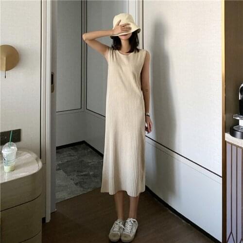 New Arrivals Long Dress Summer 2021 Fashion O-Neck Sleeveless Vest Ribbing Knitted Dresses For Women Beige Robe Femme