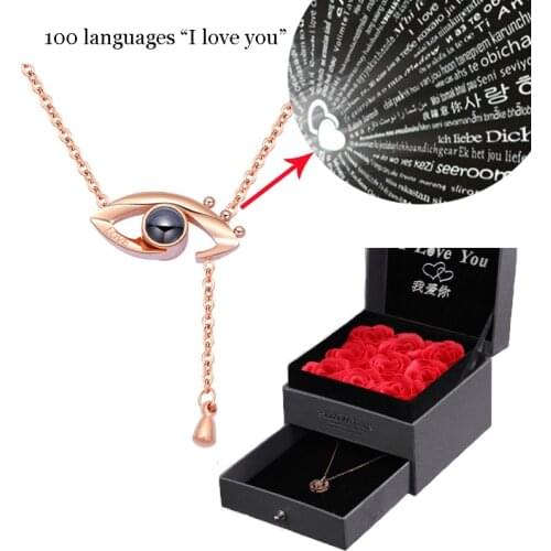 Amxiu 100% 925 Sterling Silver Eye Pendant Necklace 100 Languages I Love You Projection Romantic Love Memory Wedding Necklace