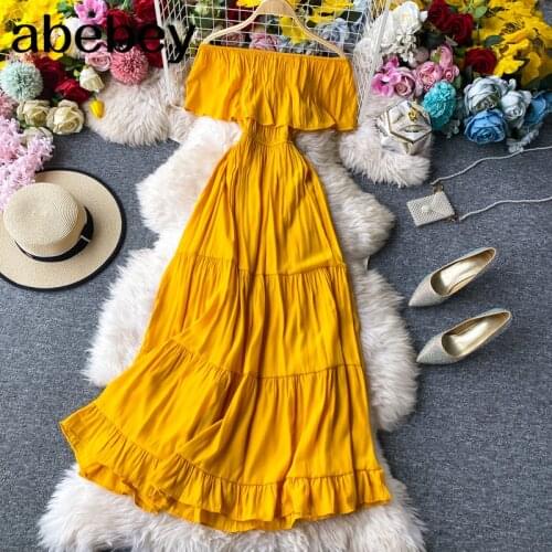 Sexy Off Shoulder Beach Dress Women Slim High Waist Summer Yellow Midi Dresses Elegant Ladies Elegant Party Dress Vestidos Mujer