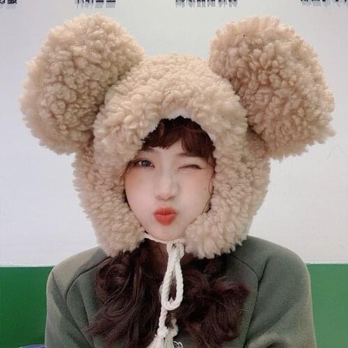 Women Winter Thicken Fluffy Plush Warm Earflap Hat Cute Bear Ears Windproof Beanie Cap With Drawstring Chin Strap