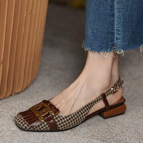 Genuine Leather Women Shoes Fashion Tassel Metal Decoration Pumps Square Toe Slingbacks Casual Shoes Thick Heel Handmade