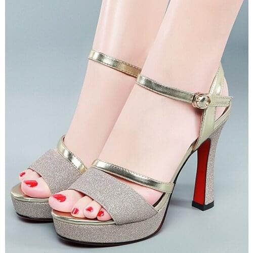 Women Gold Bride Shoes Chunky High Heel Sexy Platform Sandals Buckle New Summer Party Club Shoes