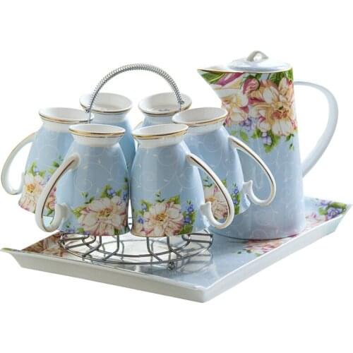 High Quality Real Bone China Teapot and Chip Cup Set with Steel Stander Floral Cafe Tea Cup Set, Coffee Cup Set with Tray