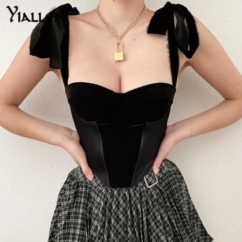 Yiallen Vintage Black Velvet Corset Top Women Summer Bandage Backless Crop Top Female Camisole Partywear Sleelveless Bustier Top