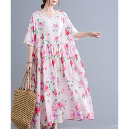 Thin Soft Cotton Linen Loose Sundress 2021 New Arrival Print Floral Vintage Summer Dress Women Holiday Travel Casual Long Dress