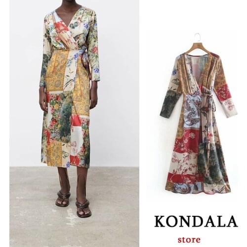 KONDALA Women Fashion Dress Za 2021 Patchwork Double Breasted Lace Up Loose Midi Dress Mujer Vestidos