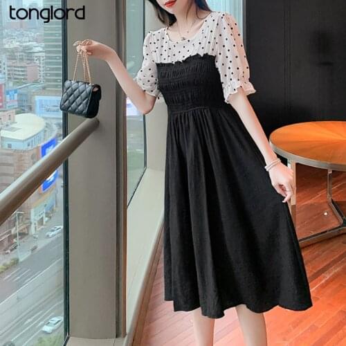 Retro Women Pleated Elastic Waist Chiffon Dress Summer Puff Sleeve Printed Dot O-neck Dress Femme Holiday Elegant Mujer Vestidos