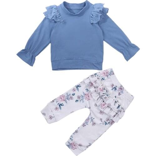 2020 Sweet Kids Baby Girl Fall Clothing Blue Solid Lace Long Sleeve Top T-shirt+Floral Print Long Pants Soft Cotton Clothes 2pcs