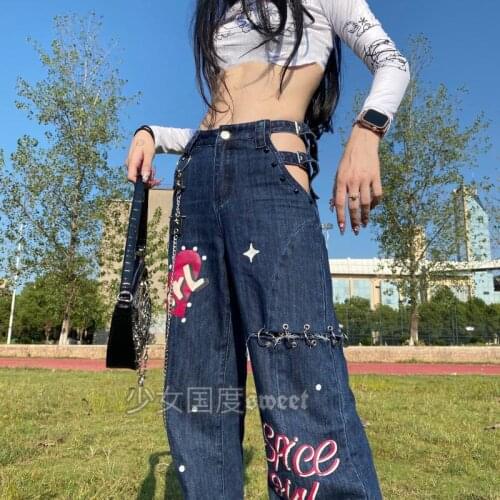 High Waist Chains Hollow Out Wide Leg Denim Pant Jeans Anime Printing Sweet Hot Girl Loose Cargo Mopping Jeans Girls Clothing
